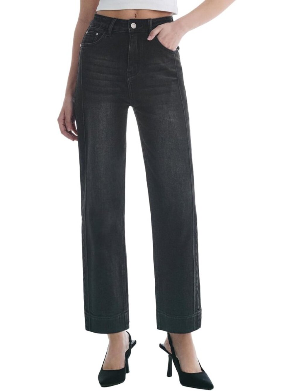 High-Waisted Cropped Straight Leg Jeans | Trendy Wide Leg Zipper Denim Pants